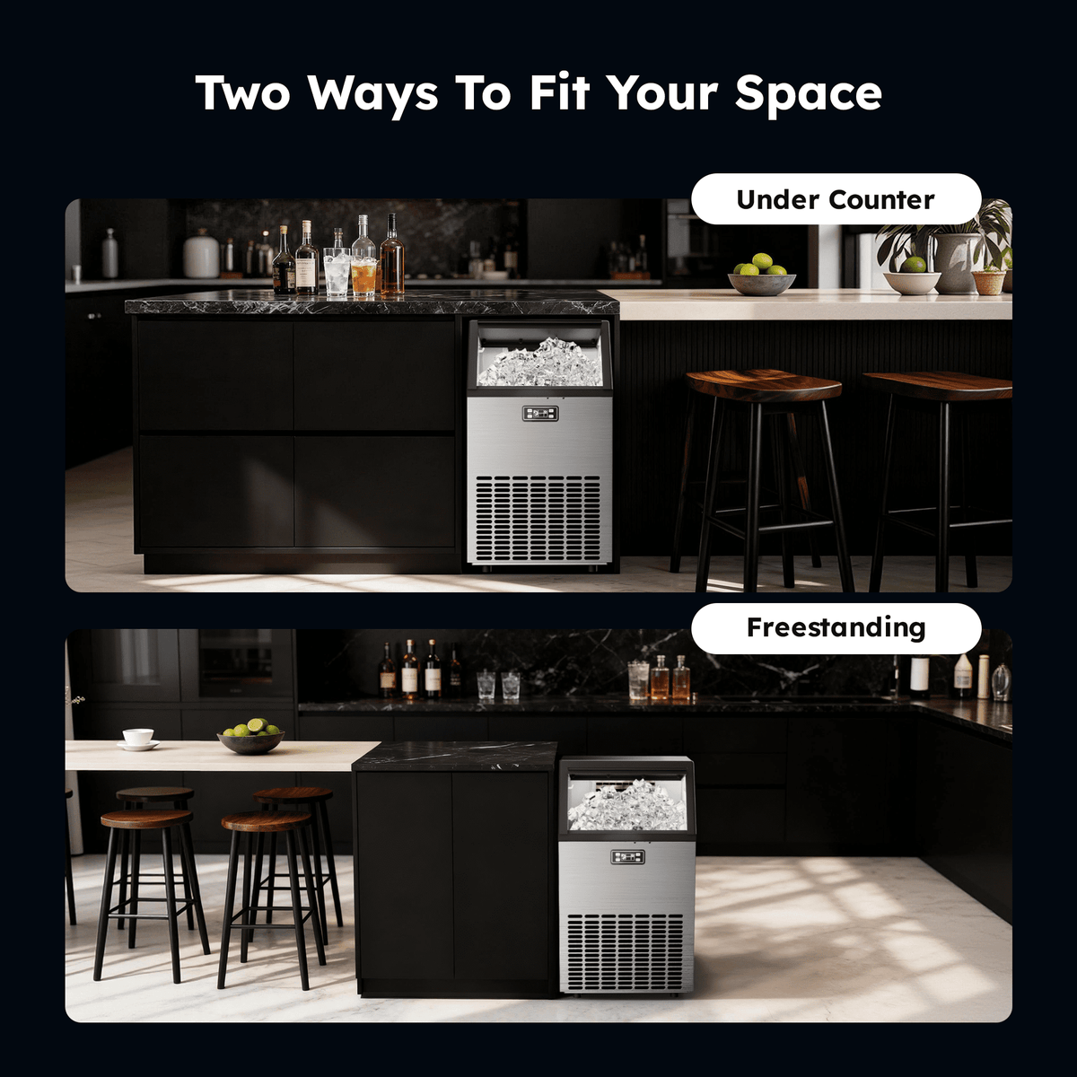 Simzlife Commercial Ice Maker, 100 Lbs/24H, Freestanding or Built-In, 33 Lb Storage Bin, Stainless Steel Ice Machine