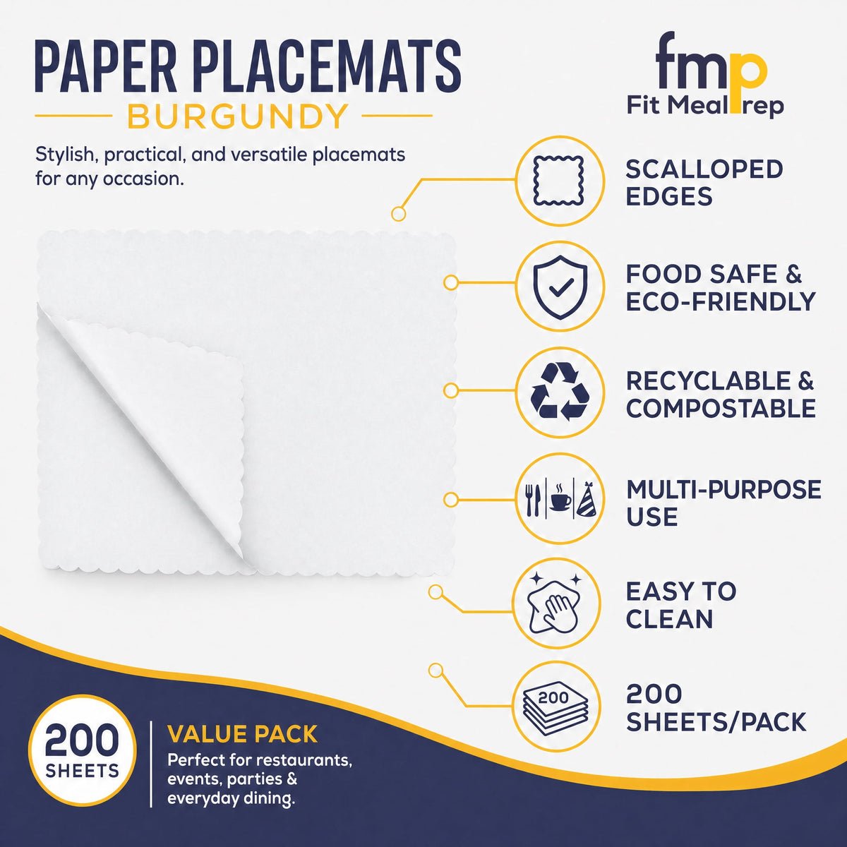 Fit Meal Prep Paper Placemats Disposable 200 Pack – 14"x10" White Paper Placemats Scalloped Edge Place Mats for Kids Restaurants Weddings Birthday Party Supplies