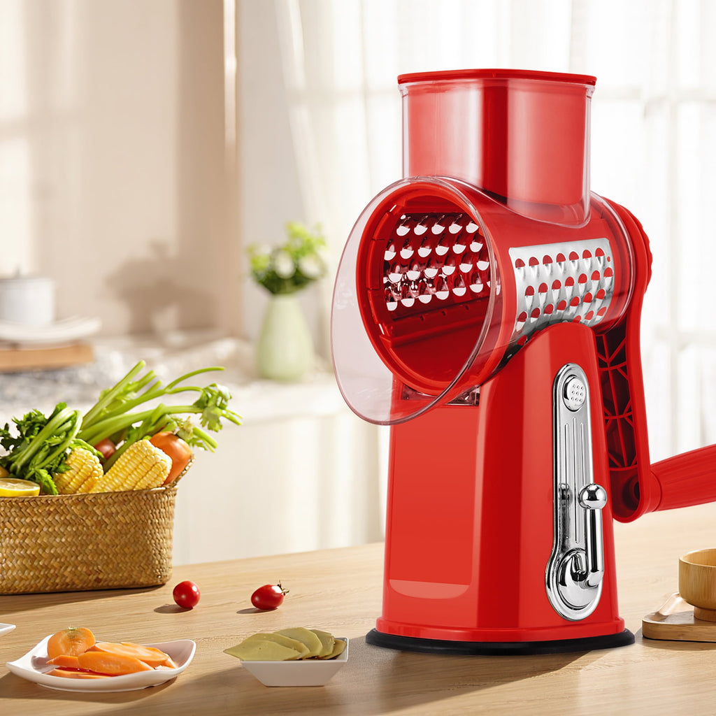 Pukomc Rotary Cheese Grater with Handle- 5 Blades, Suction Base, Mandoline Slicer & Veg Shredder with Blade Storage Box(Green)