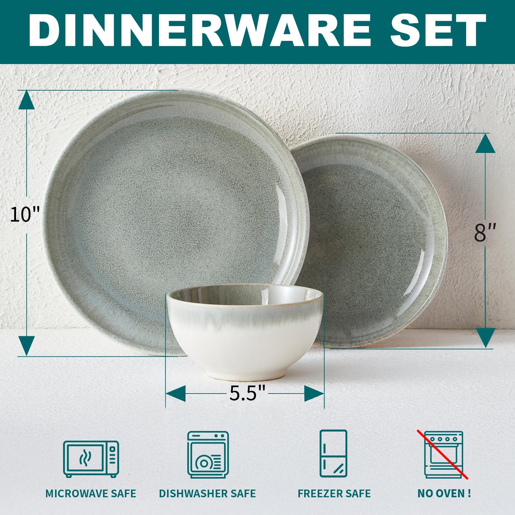 Pokini 12-Piece Stoneware Dinnerware Sets, Plates and Bowls Dish Sets for 4, Brown Green