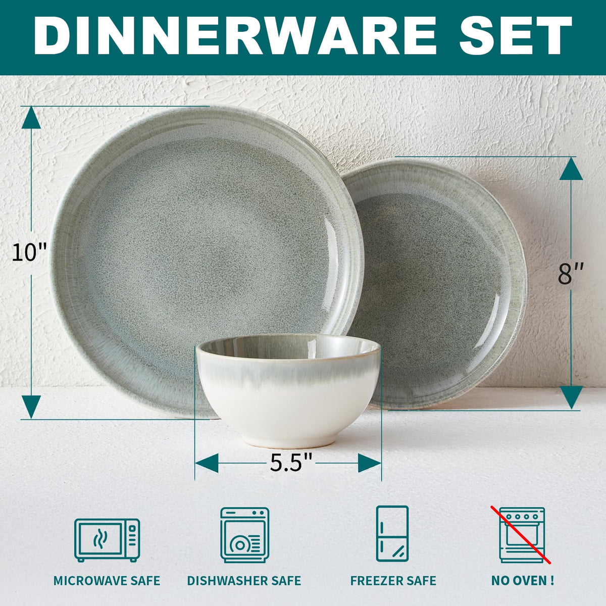 Pokini 12-Piece Stoneware Dinnerware Sets, Plates and Bowls Dish Sets for 4, Brown Green