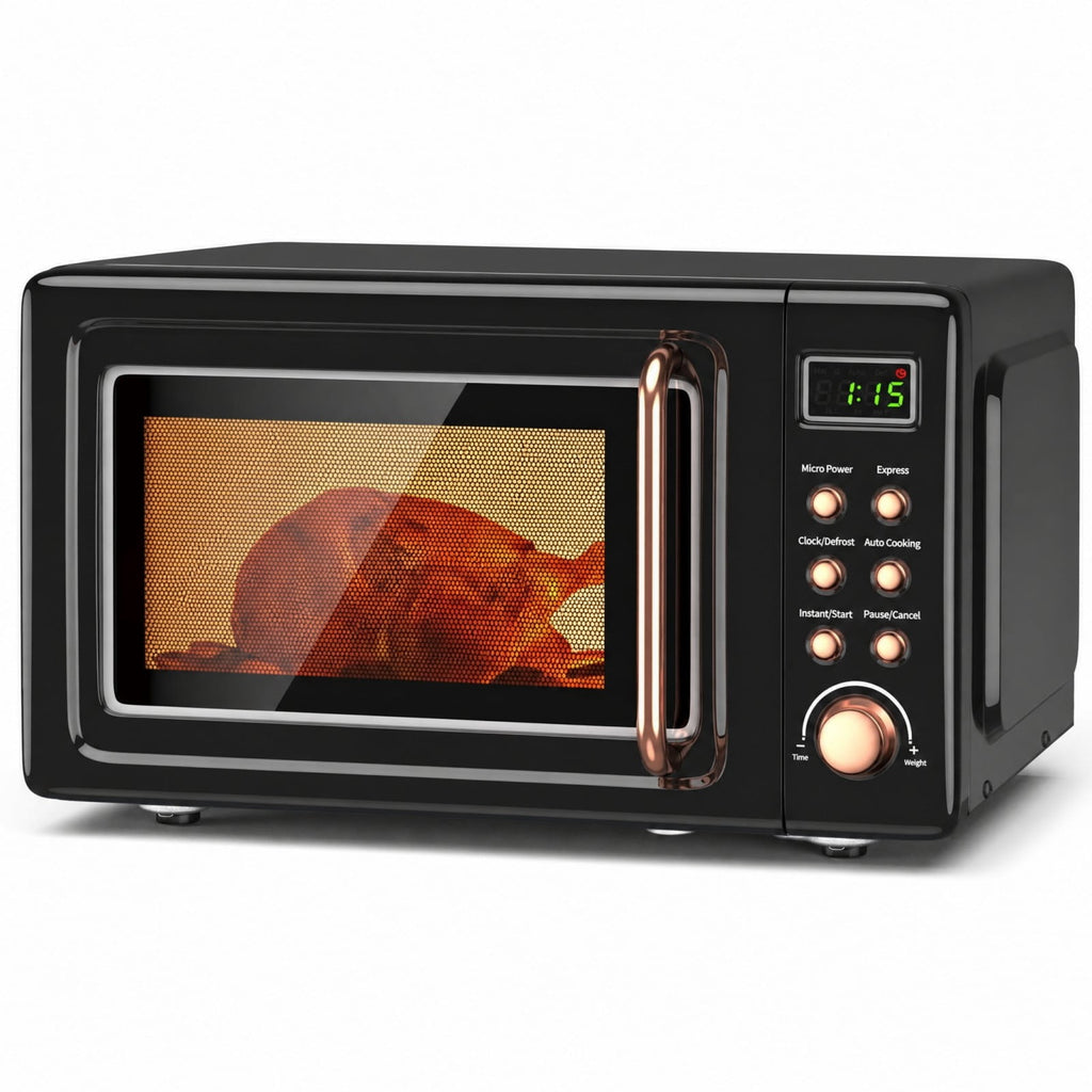 Costway 0.7 Cu.ft Retro Countertop Microwave Oven 700W LED Display Glass Turntable Rose Gold