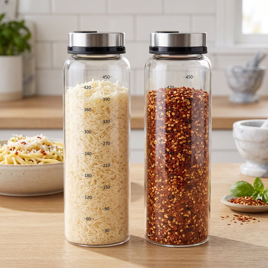 NiHome 2-Pack 10oz Spice Shakers with Adjustable Stainless-Steel Lids for Parmesan Cheese, Chili Flakes, Herbs, Salt, Pepper, Borosilicate Glass Seasoning Dispensers, Easy Refill and Dishwasher Safe