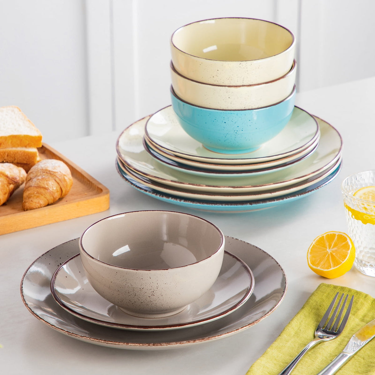 Malacasa 12 Pcs Dinnerware Sets, Ceramic Plates and Bowls Set for 4 with Reactive Glaze & Speckled Finish, Dish Sets, Dishwasher & Microwave Safe, Light Colors
