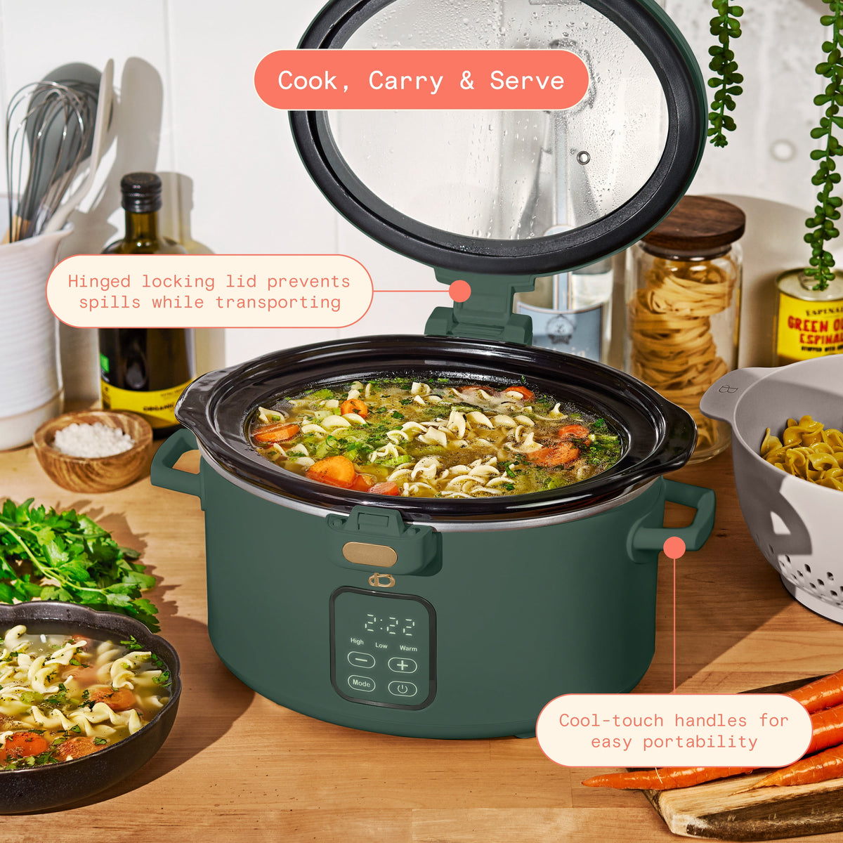 Beautiful 4 Qt Digital Slow Cooker with Hinged Locking Lid, Thyme Green by Drew Barrymore