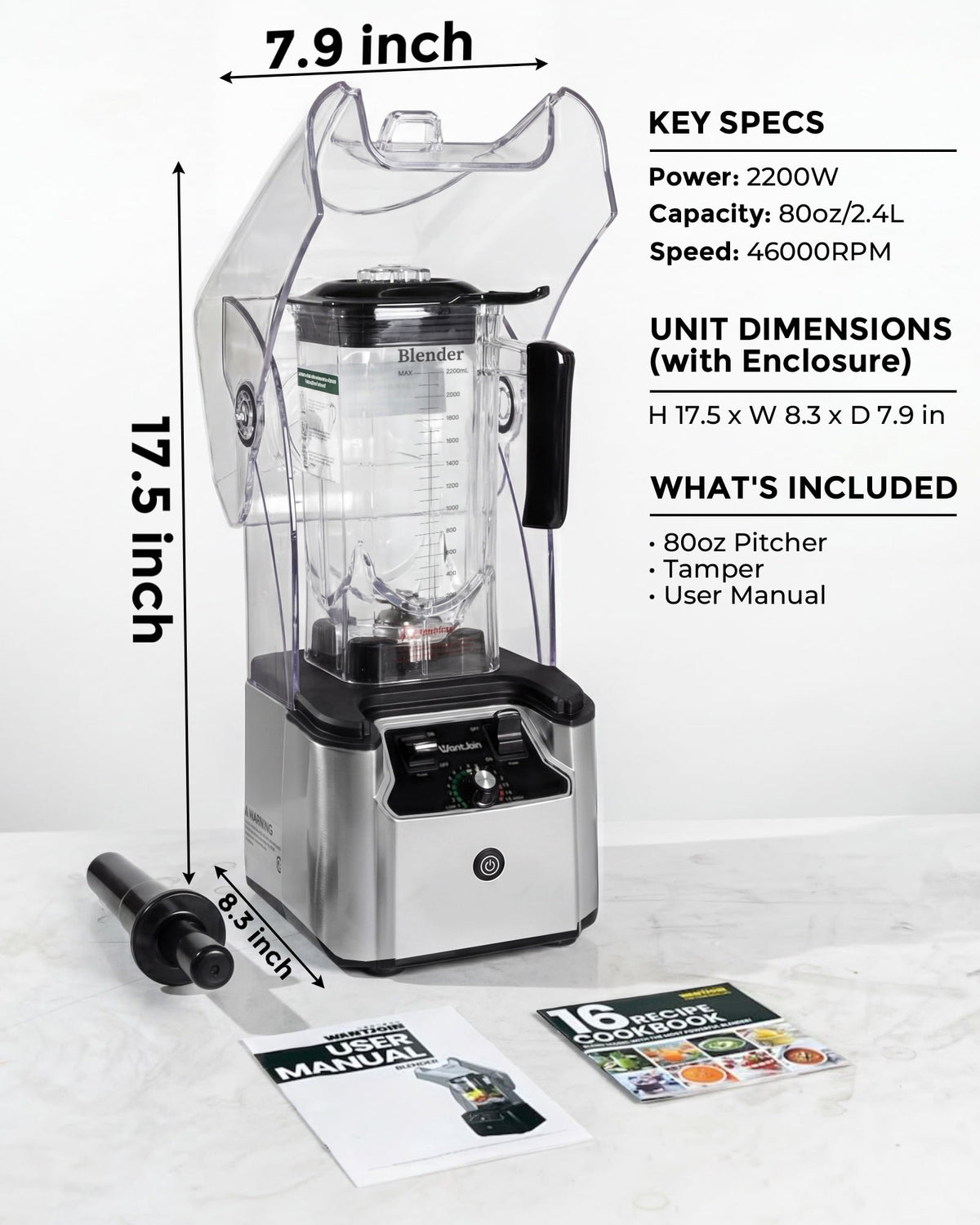 WantJoin Blender-Commercial Blender with Soundproof Shield, Enclosure 2200W ,Quiet Professional-Grade Power,Self-Cleaning,Gray