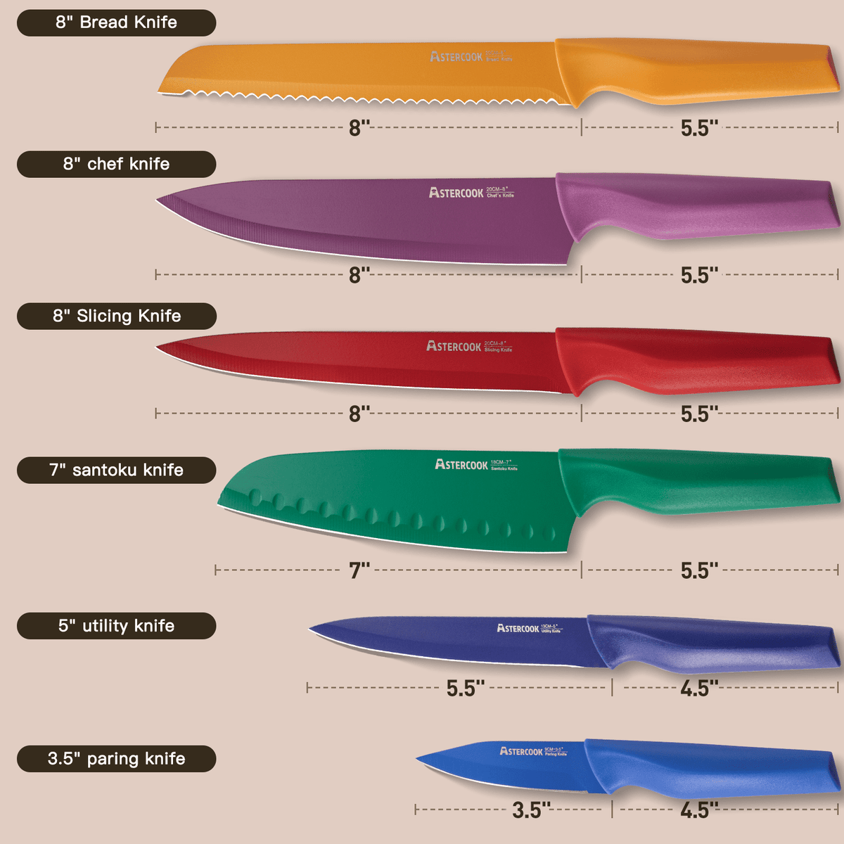 Astercook 6 Piece Flower Kitchen Knife Set, German High Carbon Stainless Steel Knives Sets with 6 Blade Guards Dishwasher Safe, Perfect Gifts for Kitchen