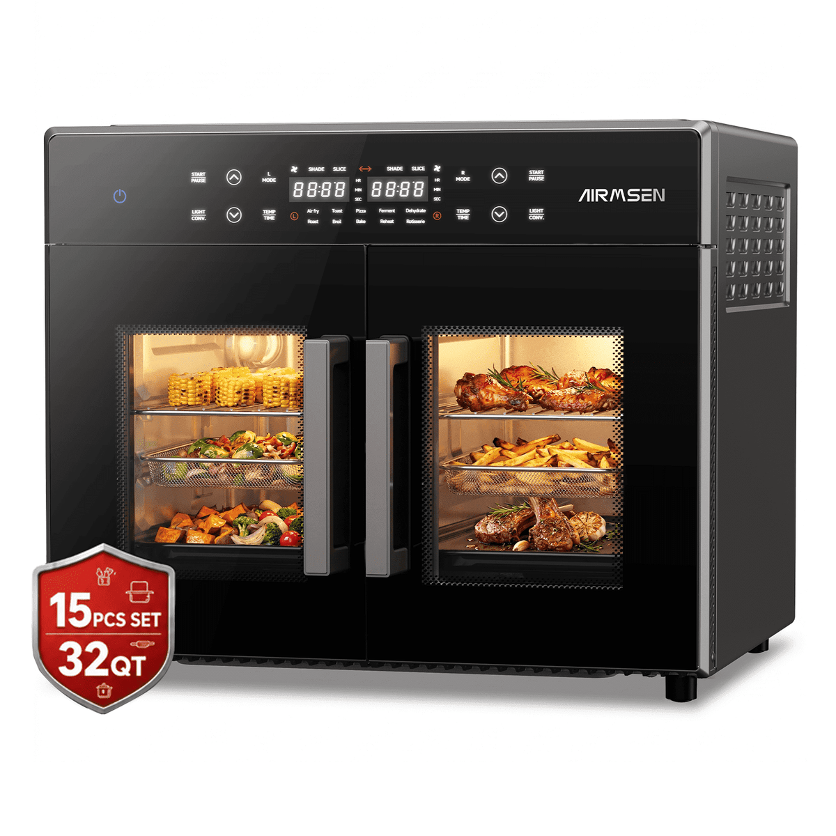 AIRMSEN 32 QT Dual Zone Air Fryer Toaster Oven Combo, 15 PCS Set, French Door Countertop Convection Oven, 1800W, 450°F Max Temp, Touchscreen, 360° Auto Rotisserie Spit, Bake, Broil, Roast