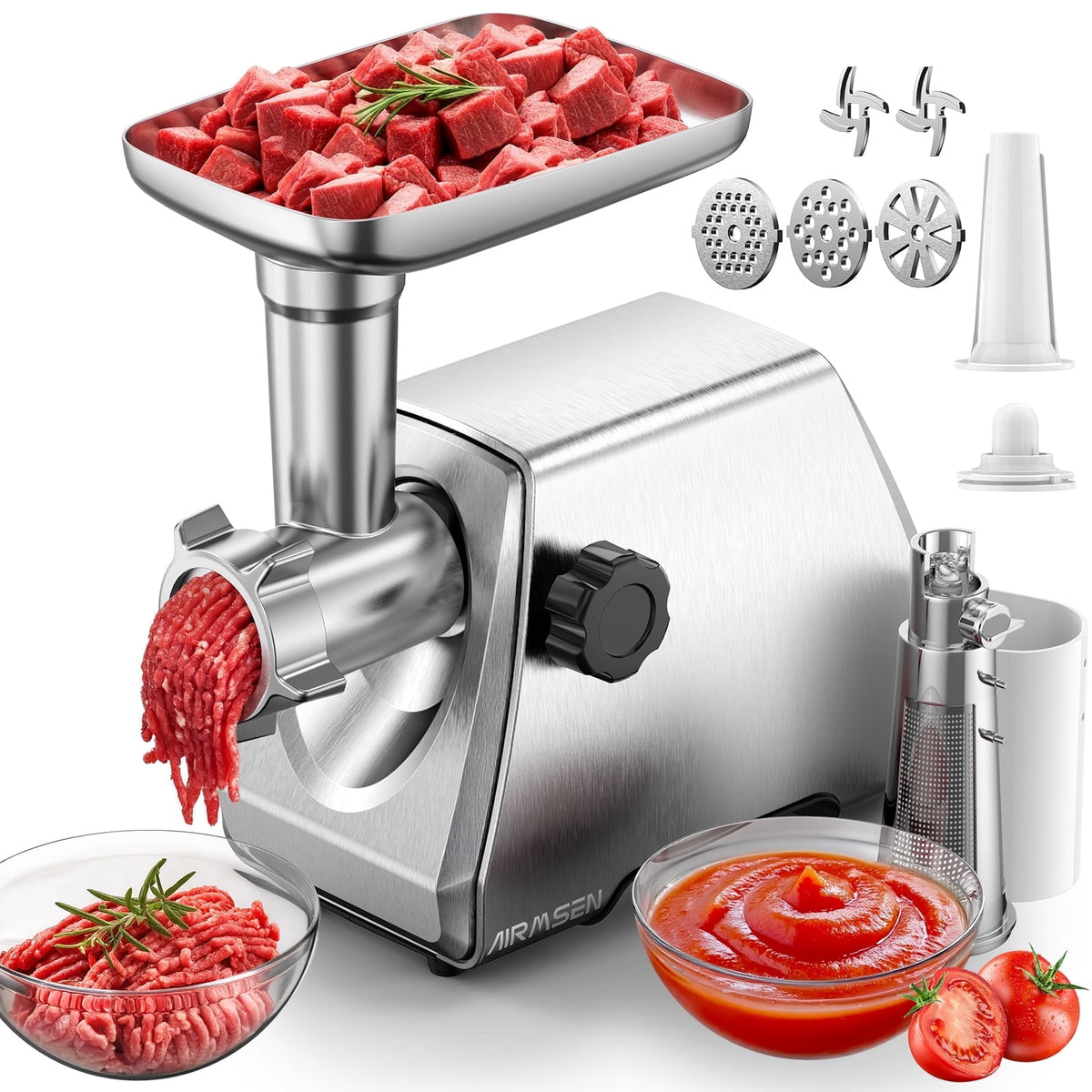 AIRMSEN Stainless Steel Meat Grinder, Electric 3 in 1 Meat Mincer with 2 Blades & 3 Plates, Sausage & Kubbe Maker Kit, Fixed Lock, Double Switch, Food Grinder for Home Kitchen Use