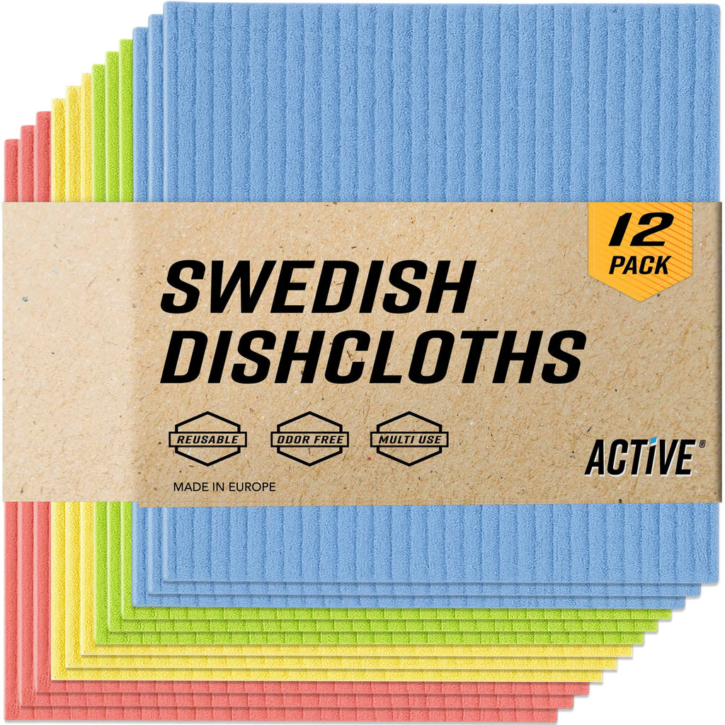 Active Swedish Dish Cloths, Reusable and Washable Cellulose Sponge Dish Towels, Multicolor, 12 Pack