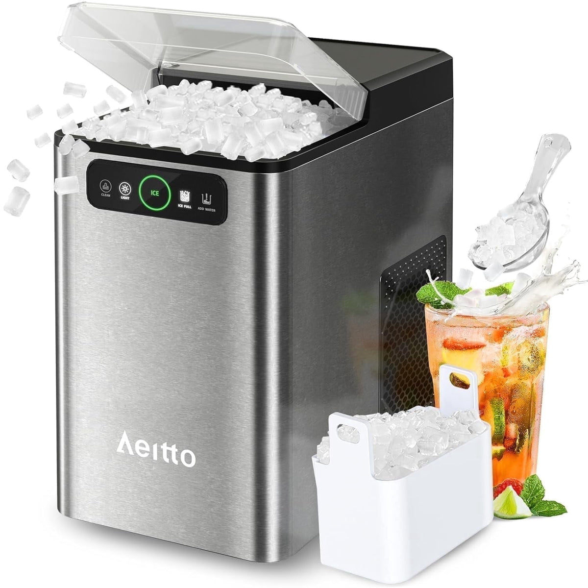 Aeitto Nugget Ice Maker Countertop, Pellet Ice Machine Soft Chewable Ice 40lbs/Day, One-Click Operation, Auto Self-Cleaning Crushed Ice Makers Stainless with Scoop for Home/Kitchen/Office Black