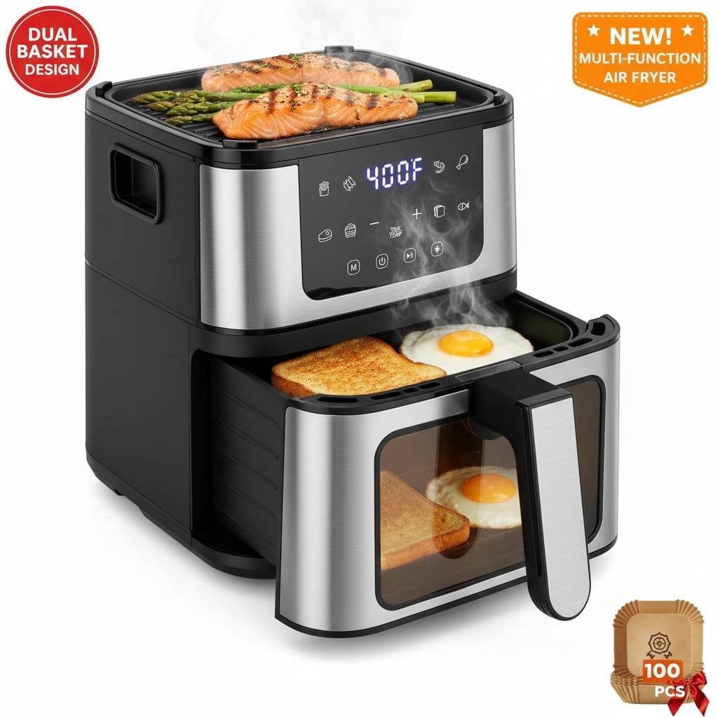 Air Fryer Oven with Grill Plate, 7.5QT, 2 IN 1 Function+8 Preset Programs, Air Fryer with 100 Pcs Paper & Nonstick Basket, Dishwasher-Safe, Air Fryer for 96% Less Oil