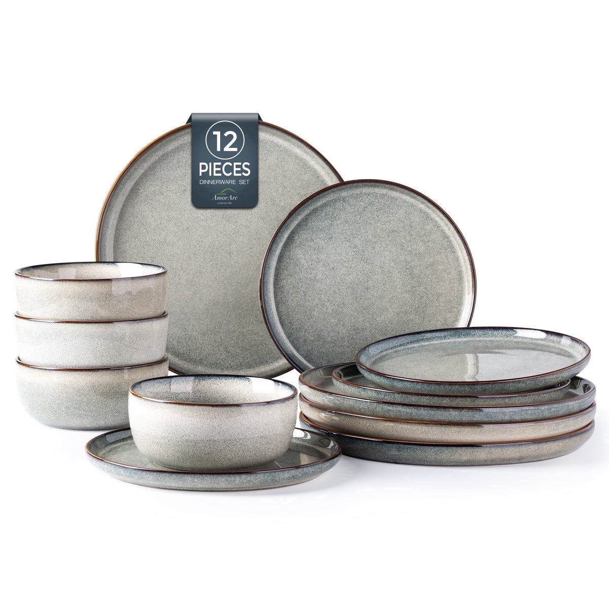 AmorArc Ceramic Dinnerware Sets for 4, 12 Pieces Stoneware Plates and Bowls Sets, Reactive Glaze Dishes -Scratch Resistant, Dishwasher&Microwave Safe, Space Blue (Service for 4)