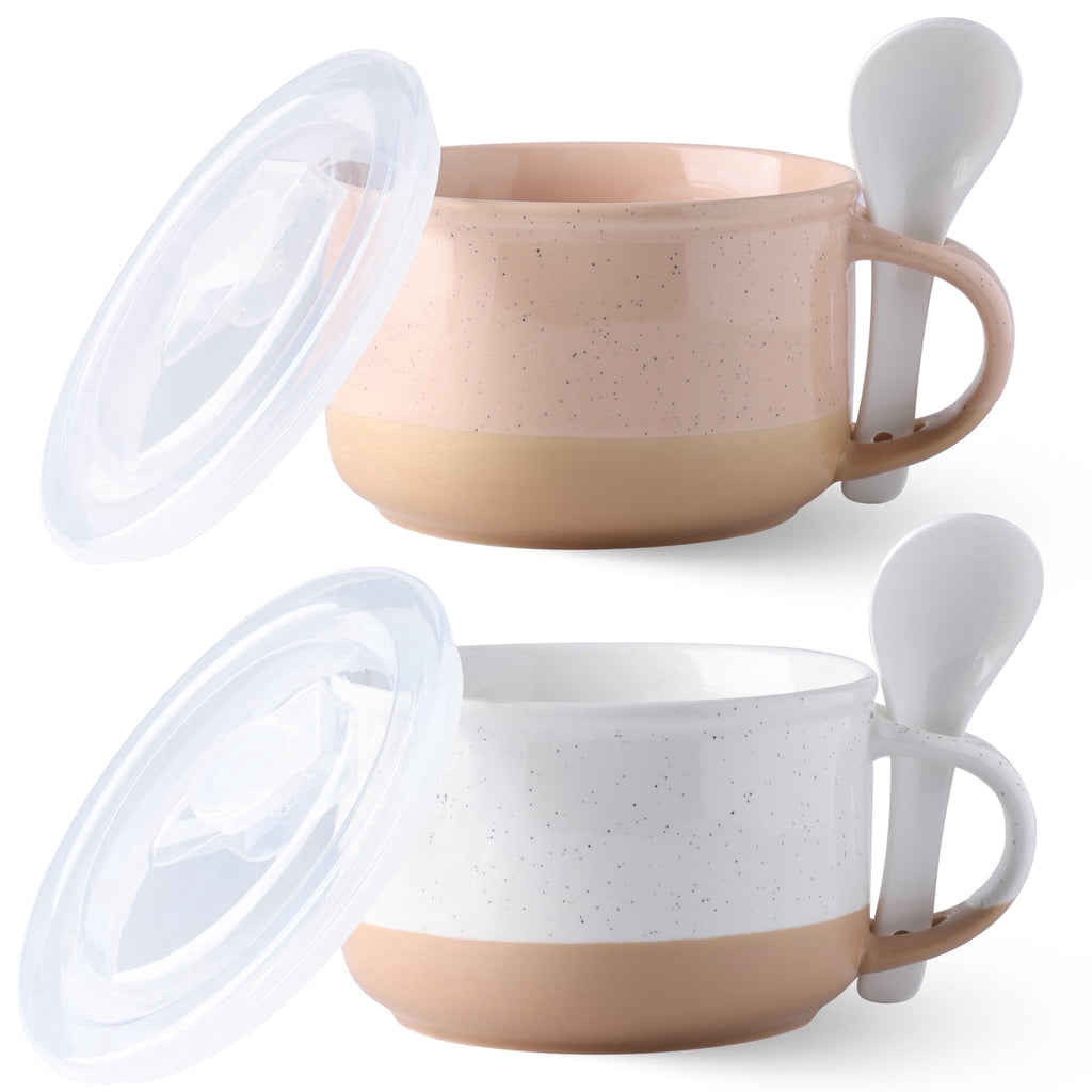 AmorArc Ceramic Soup Mugs with Handles and Lids,24 OZ Soup Cups Set of 2 with Terracotta Underside,Mug Bowls with Spoon for Soup/Cereal/Salad/Noodles/Ramen/Microware &Dishwasher Safe-White &Peach
