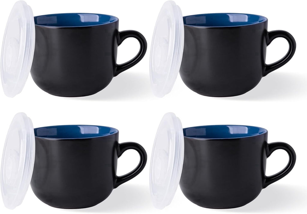 AmorArc Ceramic Soup Mugs with Lid, 24 oz Soup Cups with Hanlde for Coffee,Cereal,Salad,Noodles,Tea,Soup Bowls Cups,Microwave &Dishwasher Safe, Set of 4, Blue with Vented lid