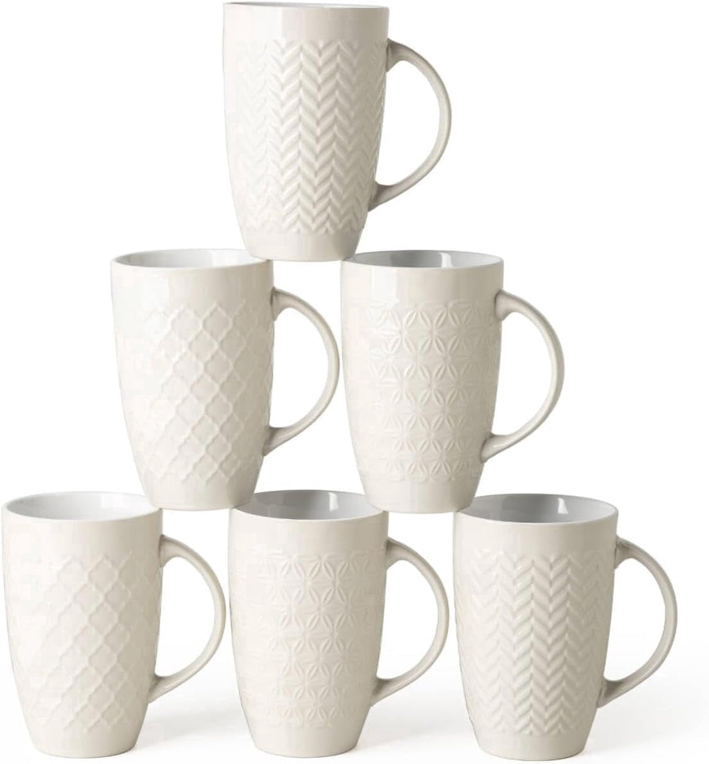 AmorArc Extra Large Coffee Mugs Set of 6, 20oz Ceramic Tall Coffee Mugs Set with Textured Geometric Patterns for Coffee/Tea/Beer/Hot Cocoa, Dishwasher & Microwave Safe,Beige