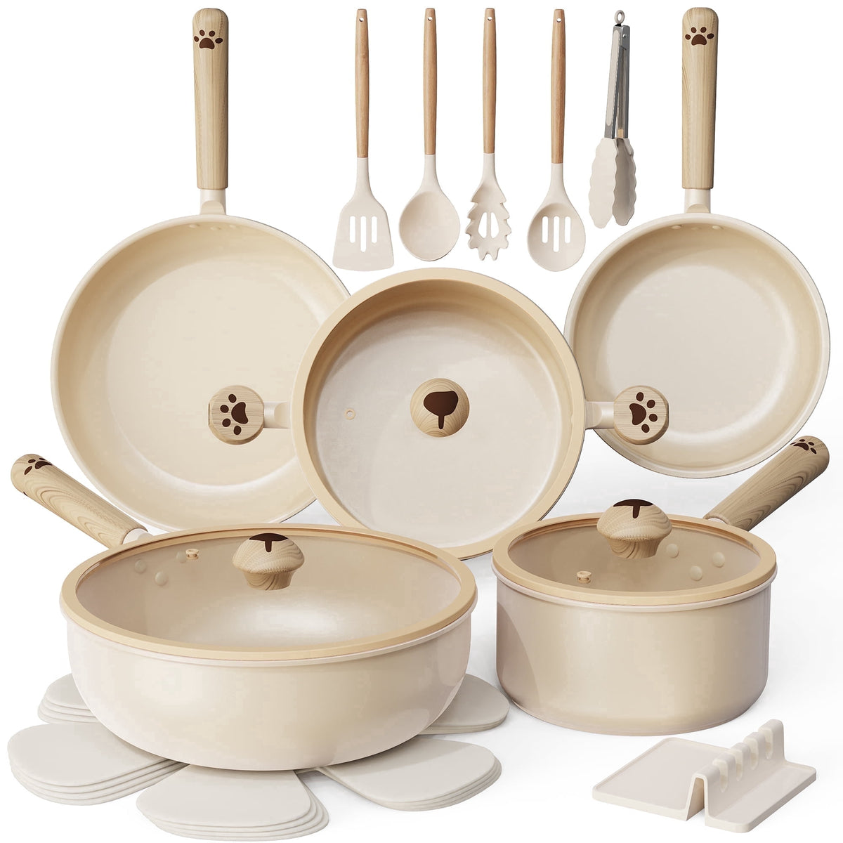 Astercook 22 Piece Pots and Pans Set Non Stick, Cookware Set with Detachable Handles, Oven Safe, Induction Ready, Stackable RV Kitchen Cooking Set, Cream White