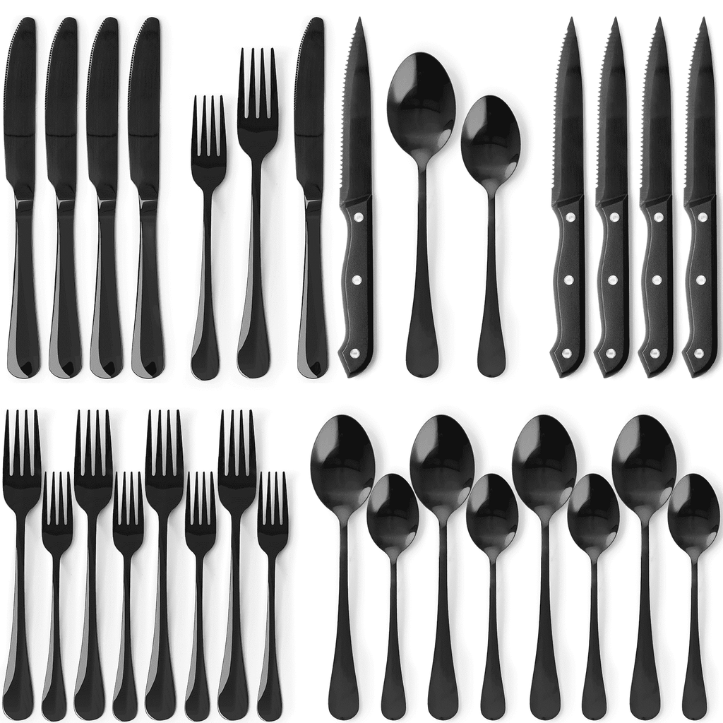 Astercook 25-Pieces Black Silverware Set with Steak Knives, Black Flatware Set for 4, Food-Grade Stainless Steel Tableware Cutlery Set, Eating Mirror Polished Utensil Set for Home Restaurant