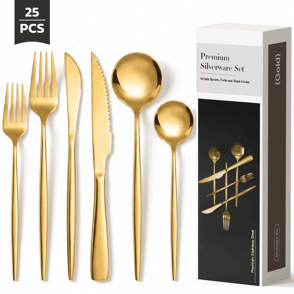 Astercook 25-Pieces Gold Silverware Set with Steak Knives for 4 - Great Food-Grade Stainless Steel Flatware Set, Mirror-polished Cutlery Utensil Sets, Ideal for Home Restaurant & Banquet Use, Gold