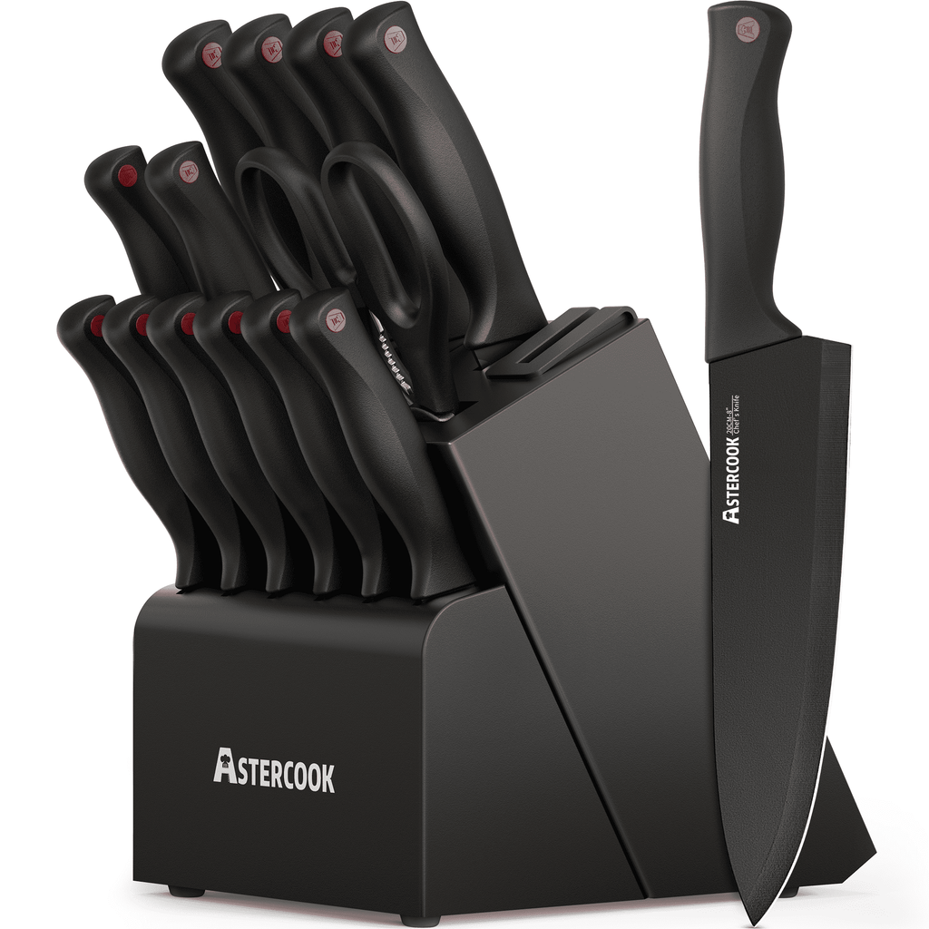 Astercook 15-Piece Kitchen Knife Set, Knives Block Set with Built-in Sharpener, Healthy Anti-Rust Coating & German Stainless Steel Knife Set, Dishwasher Safe Black