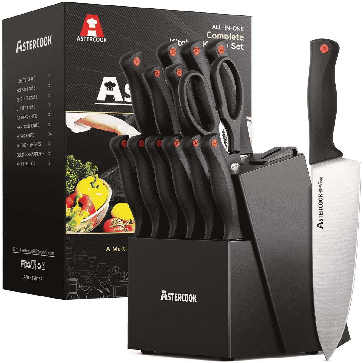 Astercook 15-Piece Kitchen Knife Set, Knives Block Set with Built-in Sharpener, Healthy Anti-Rust Coating & German Stainless Steel Knife Set, Dishwasher Safe Black