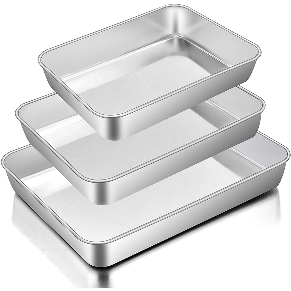 Baking Pans Set of 3, VeSteel Stainless Steel Sheet Cake Pan for Oven - 12.5/10.5/9.4Inch, Rectangle Bakeware Set for Cake Lasagna Brownie Casserole Cookie, Non-toxic & Healthy, Dishwasher Safe