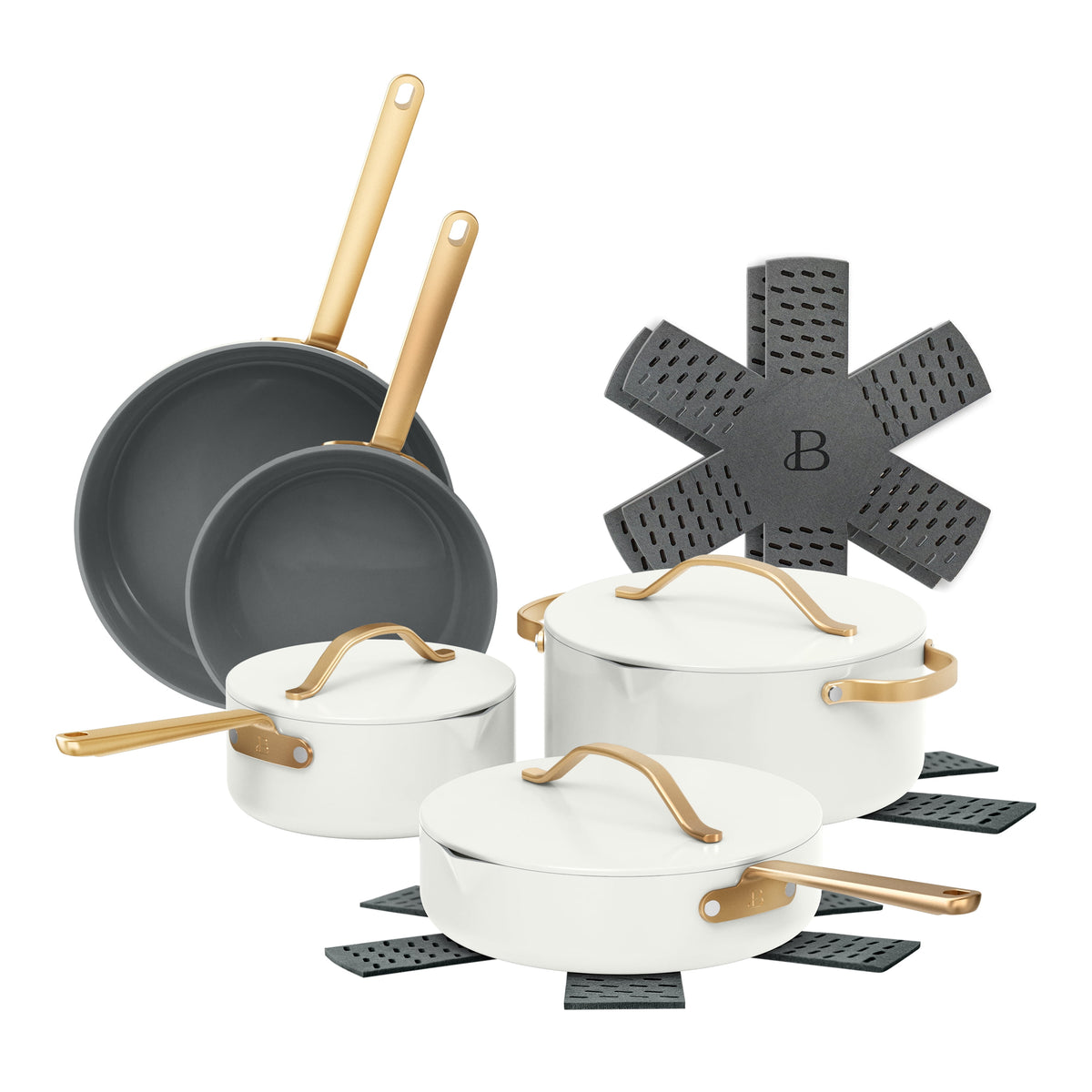 Beautiful 12-Piece Cookware Set, Pots and Pans with Strainer Lids and EverGood Ceramic Nonstick Coating, White Icing by Drew Barrymore