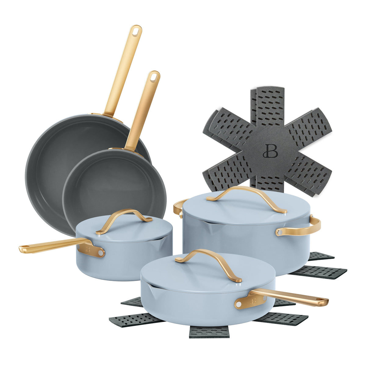 Beautiful 12-Piece Cookware Set, Pots and Pans with Strainer Lids and EverGood Ceramic Nonstick Coating, White Icing by Drew Barrymore