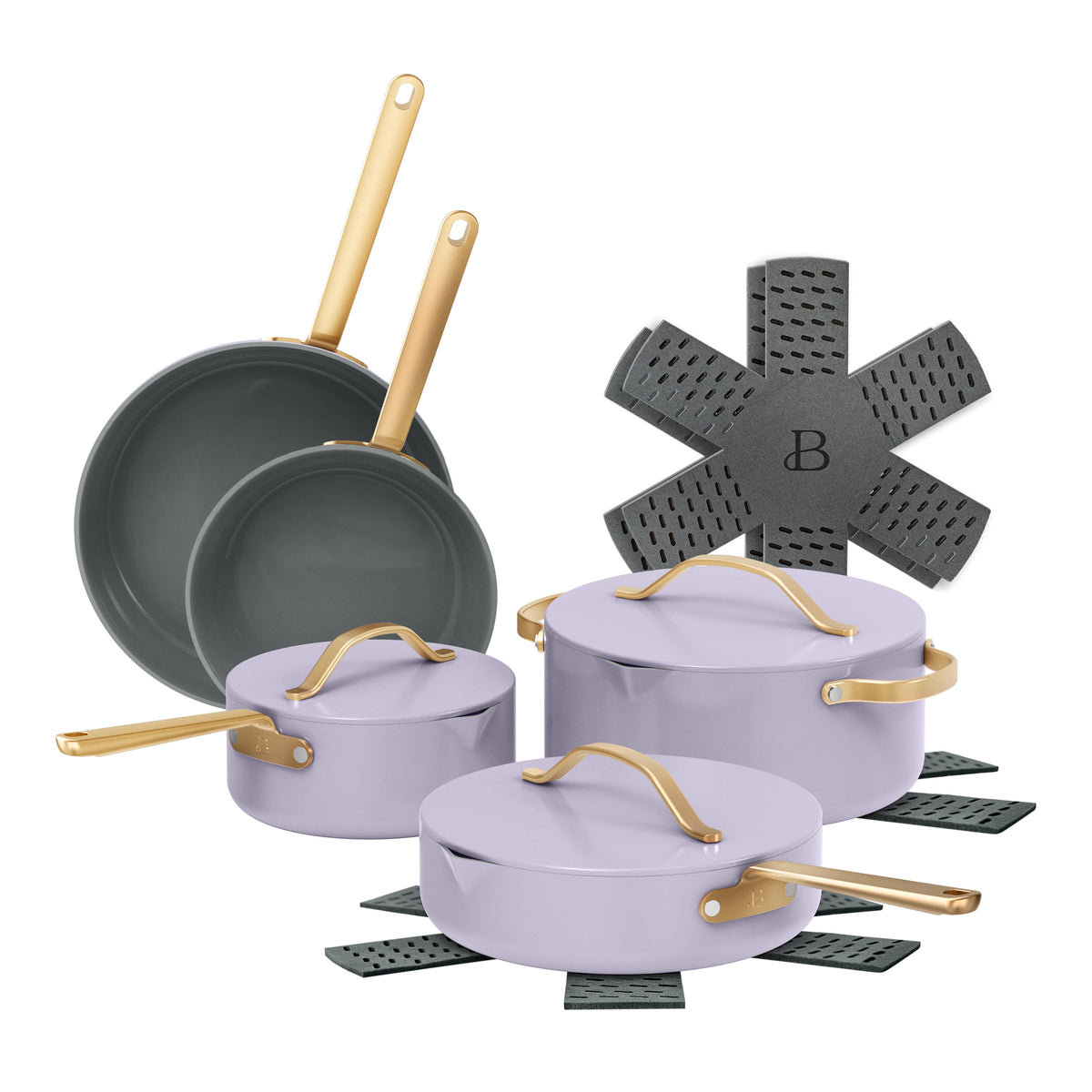 Beautiful 12-Piece Cookware Set, Pots and Pans with Strainer Lids and EverGood Ceramic Nonstick Coating, White Icing by Drew Barrymore