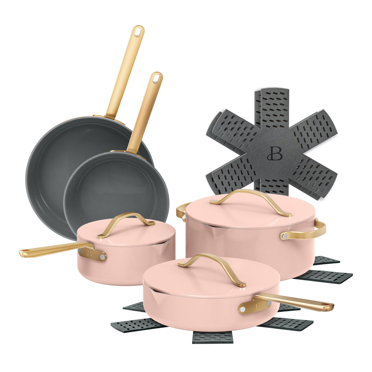 Beautiful 12-Piece Cookware Set, Pots and Pans with Strainer Lids and EverGood Ceramic Nonstick Coating, White Icing by Drew Barrymore