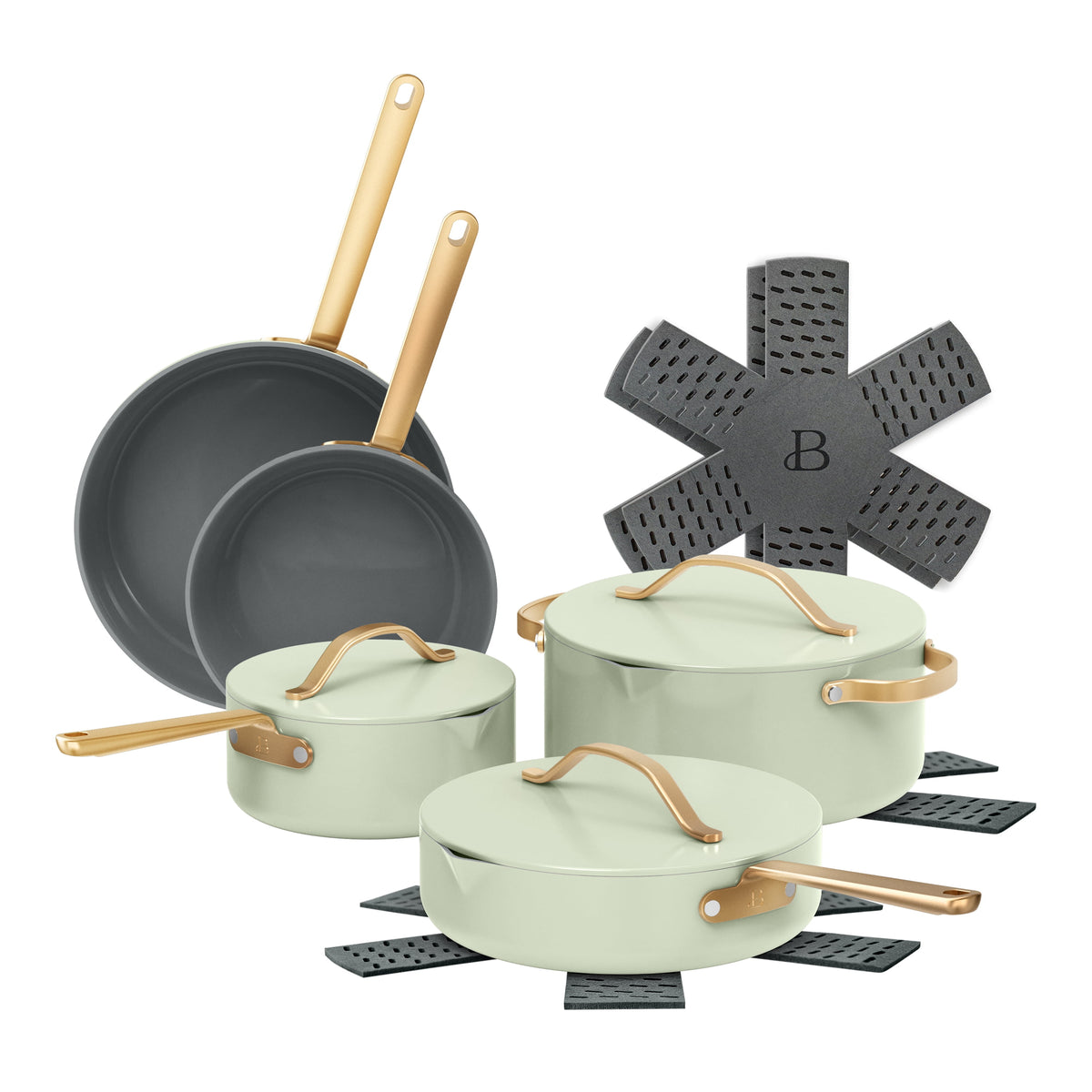 Beautiful 12-Piece Cookware Set, Pots and Pans with Strainer Lids and EverGood Ceramic Nonstick Coating, White Icing by Drew Barrymore