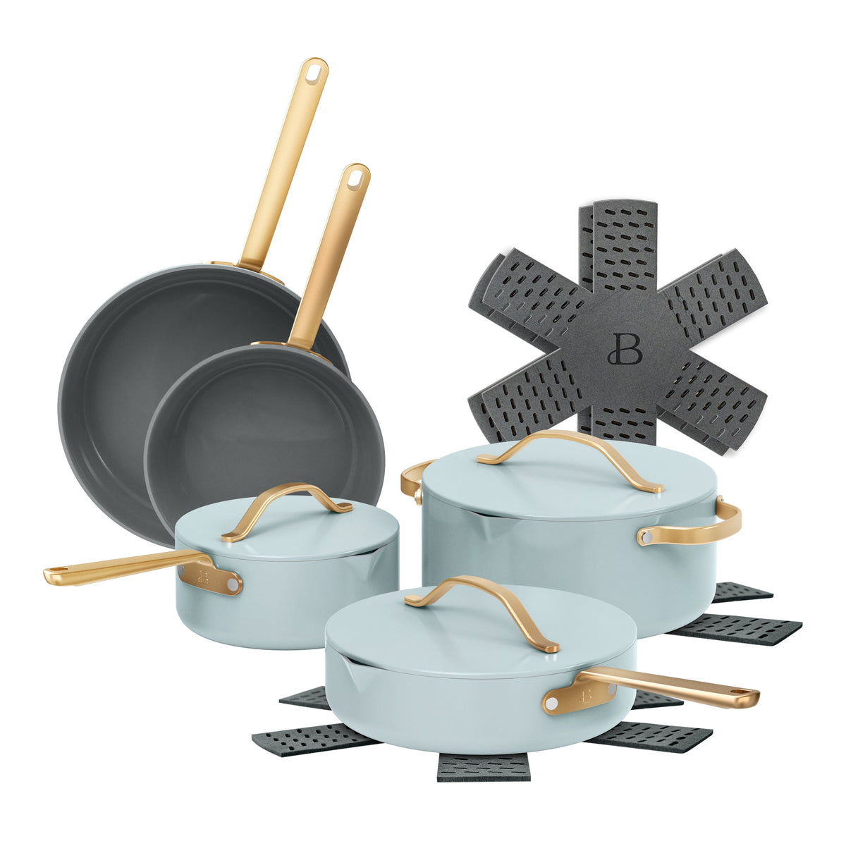 Beautiful 12-Piece Cookware Set, Pots and Pans with Strainer Lids and EverGood Ceramic Nonstick Coating, White Icing by Drew Barrymore