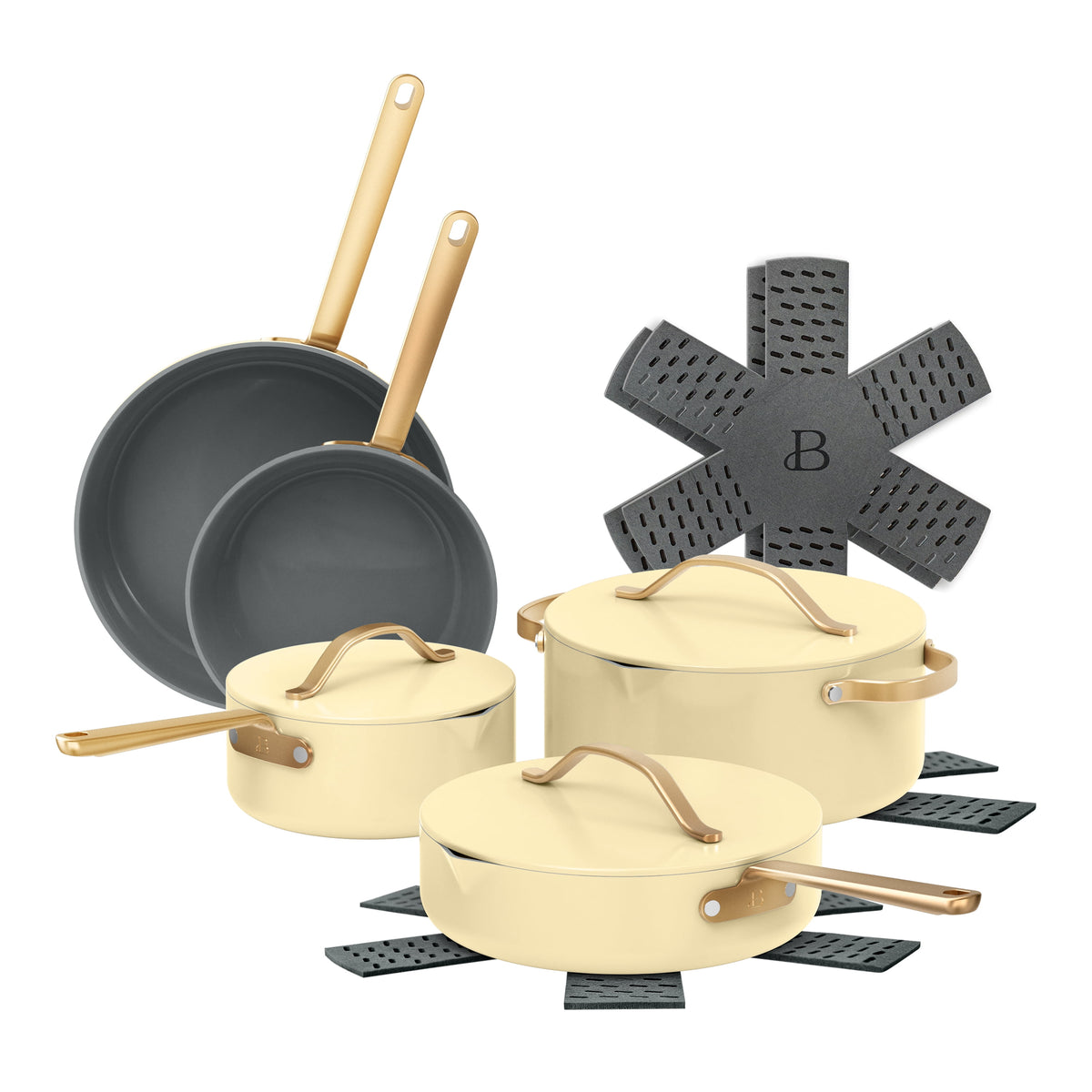 Beautiful 12-Piece Cookware Set, Pots and Pans with Strainer Lids and EverGood Ceramic Nonstick Coating, White Icing by Drew Barrymore