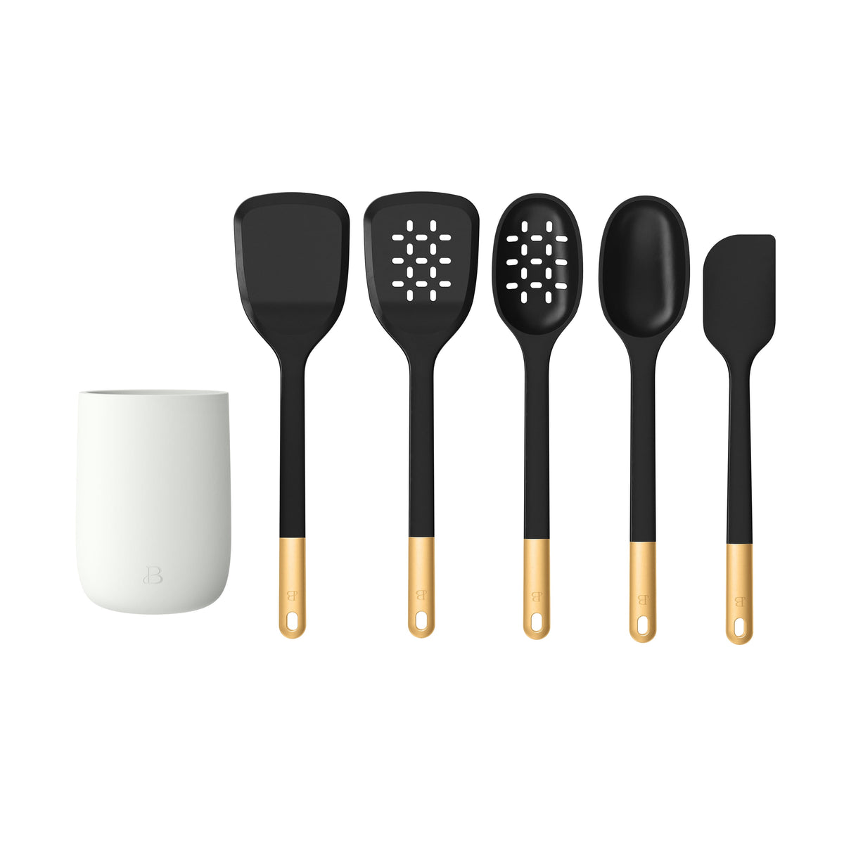 Beautiful 6-Piece Silicone Kitchen Tool Set with Ceramic Crock, Chocolate by Drew Barrymore