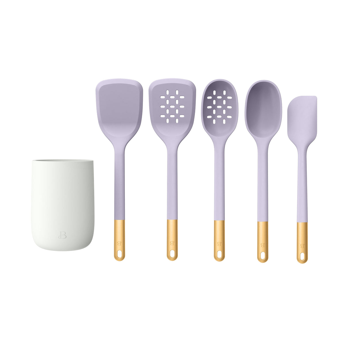 Beautiful 6-Piece Silicone Kitchen Tool Set with Ceramic Crock, Chocolate by Drew Barrymore