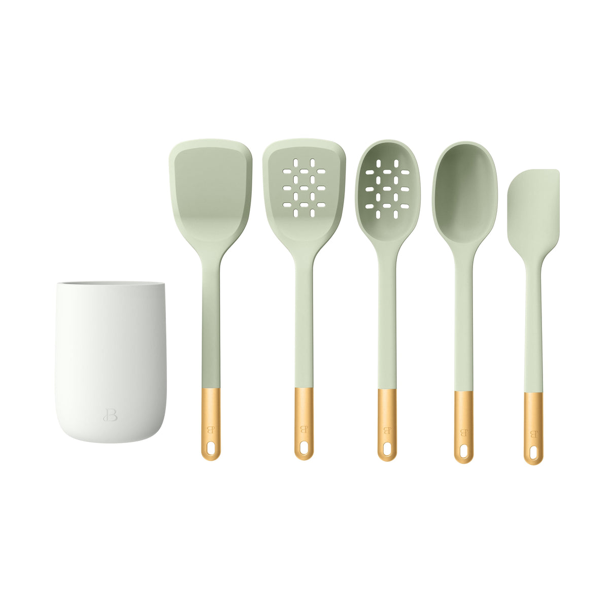 Beautiful 6-Piece Silicone Kitchen Tool Set with Ceramic Crock, Chocolate by Drew Barrymore