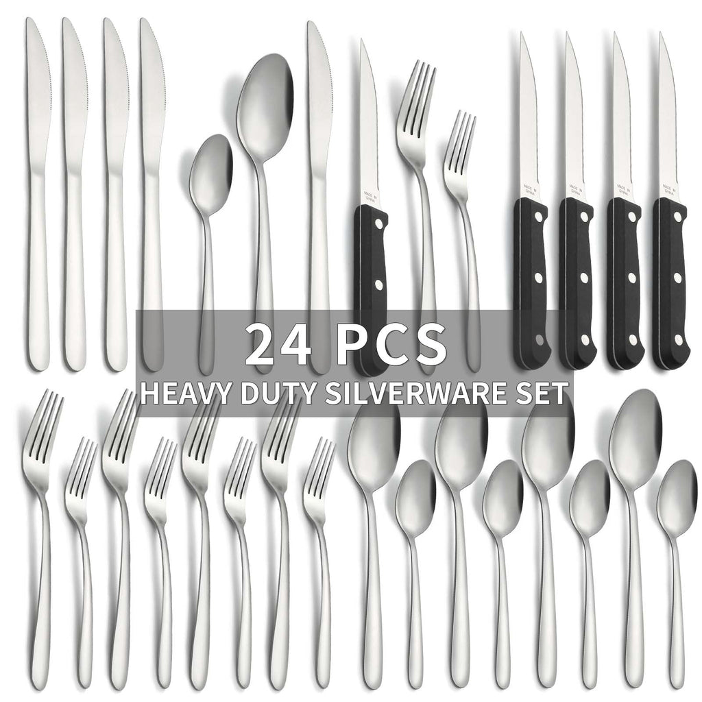 Bestdin 24 Pieces Silverware Set, Flatware Sets with Steak Knives Service for 4, Premium Stainless Steel Mirror Polished Cutlery Utensil Set, Durable Home Kitchen Eating Tableware Set,Dishwasher Safe