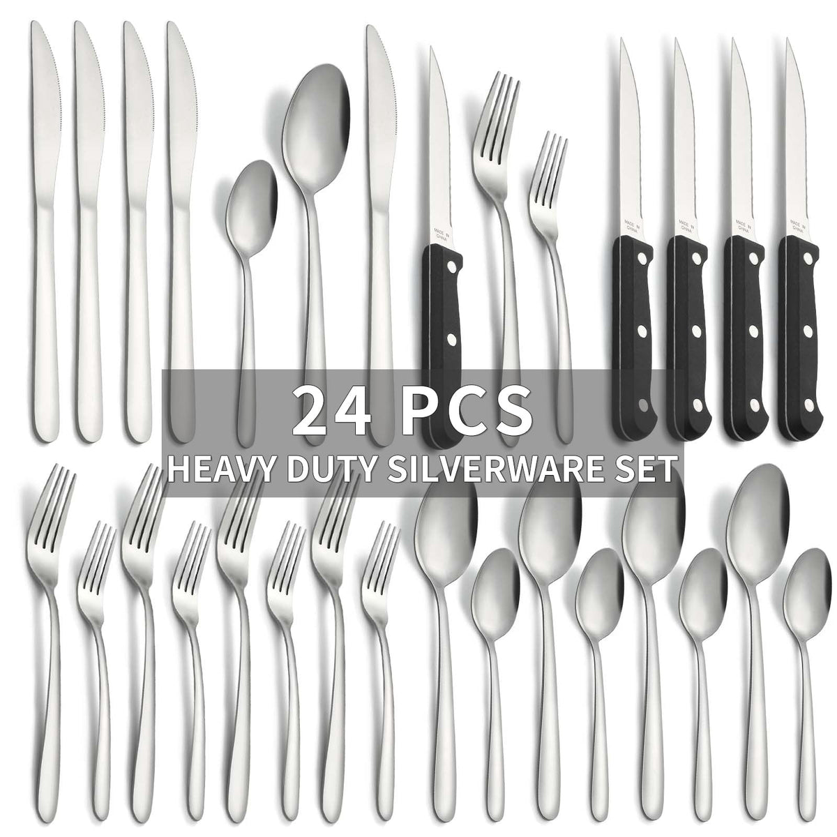 Bestdin 24 Pieces Silverware Set, Flatware Sets with Steak Knives Service for 4, Premium Stainless Steel Mirror Polished Cutlery Utensil Set, Durable Home Kitchen Eating Tableware Set,Dishwasher Safe