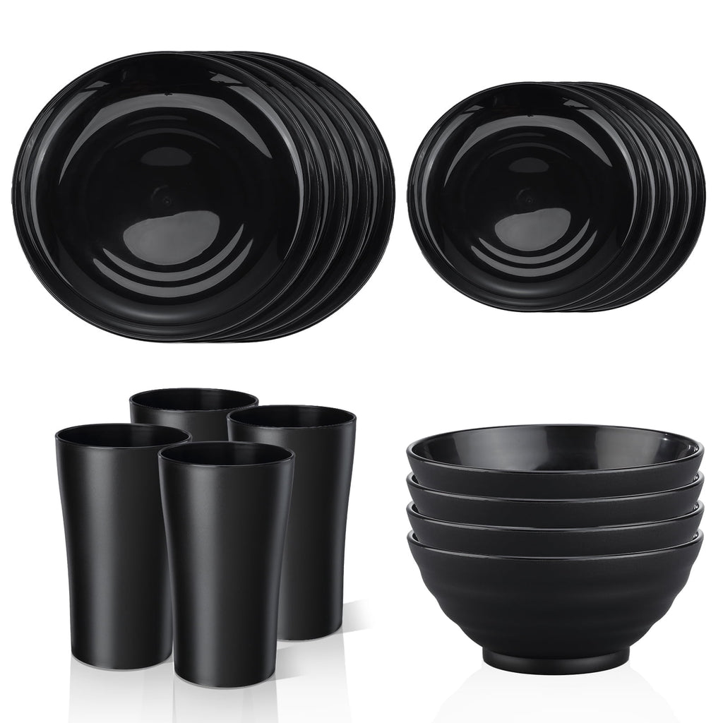 Bestdin Black Dinnerware Set for 4, 16 Pieces Plastic BPA-Free Dinner Plates, Salad Plates, Cereal Bowls, Cups, Unbreakable Plates and Bowls Sets for Kitchen, Microwave and Dishwasher Safe