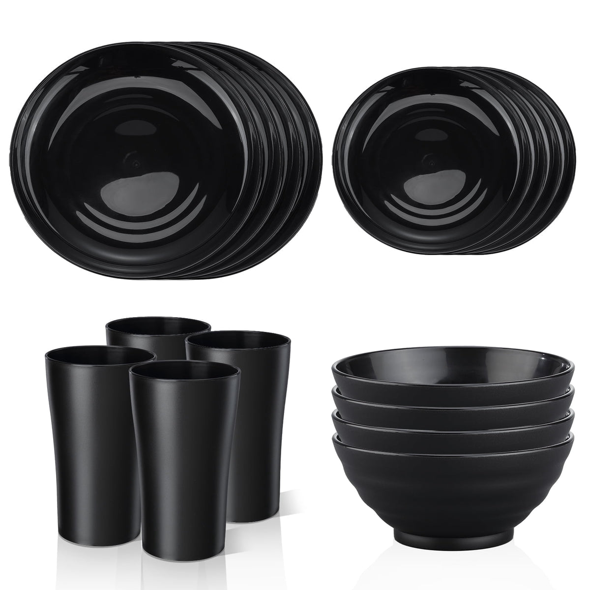 Bestdin Black Dinnerware Set for 4, 16 Pieces Plastic BPA-Free Dinner Plates, Salad Plates, Cereal Bowls, Cups, Unbreakable Plates and Bowls Sets for Kitchen, Microwave and Dishwasher Safe