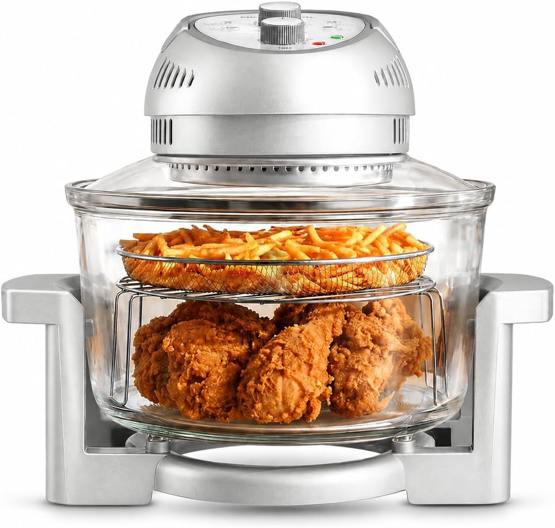 Granitestone 16Qt Large Glass Air Fryer Non Toxic – Family Sized Airfryer Cooker with 3 Cooking Levels, Stainless Steel Racks, Chicken, No Preheat, Self Cleaning, Dishwasher Safe, White