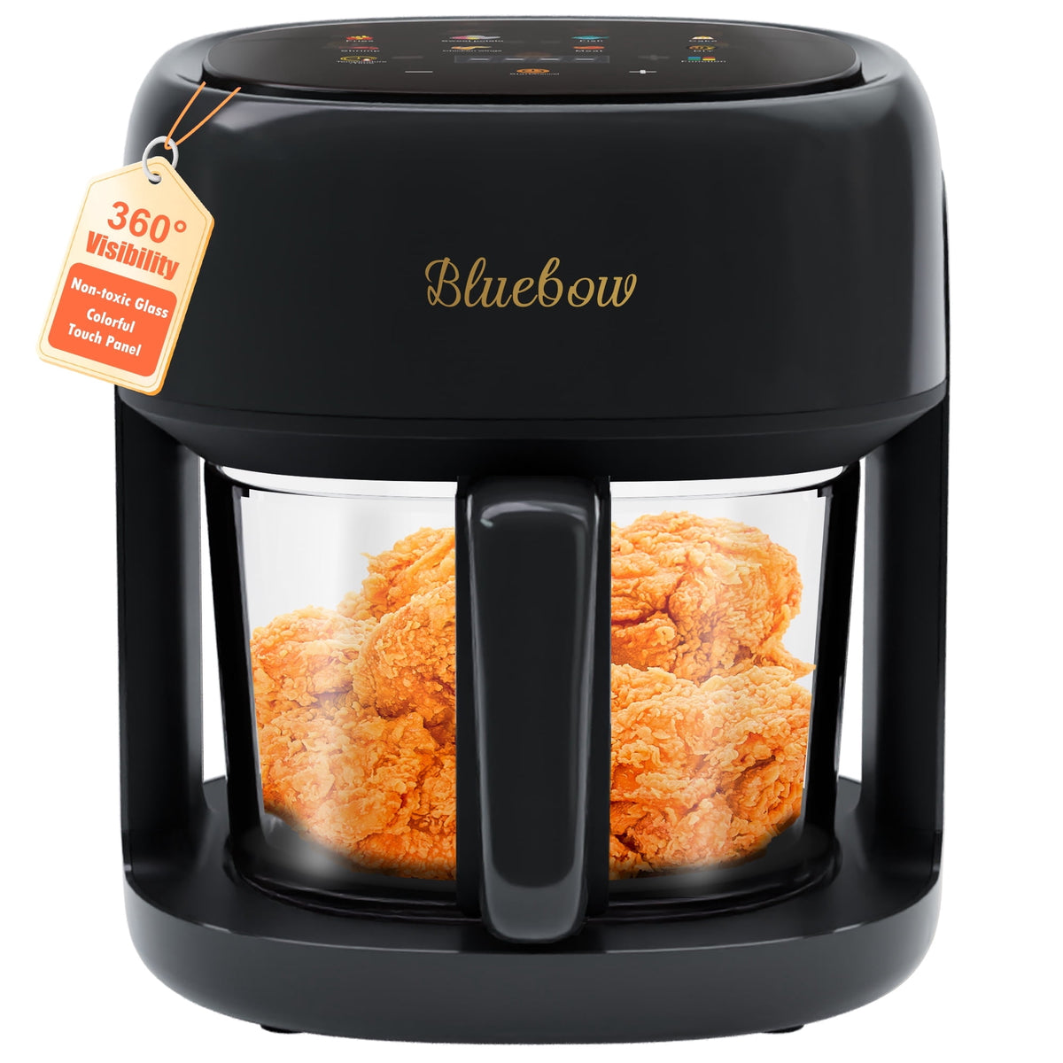Bluebow 5 Quart Air Fryer with 360° Viewing Glass Pot, 8-in-1 Digital Touchscreen, Nonstick & Dishwasher Safe Basket, Less Oil, 1350W (White)