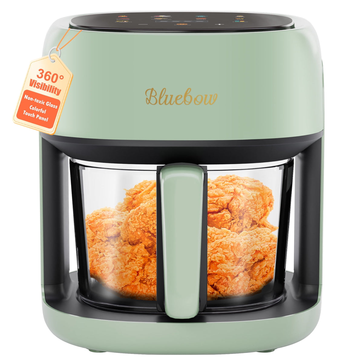 Bluebow 5 Quart Air Fryer with 360° Viewing Glass Pot, 8-in-1 Digital Touchscreen, Nonstick & Dishwasher Safe Basket, Less Oil, 1350W (White)