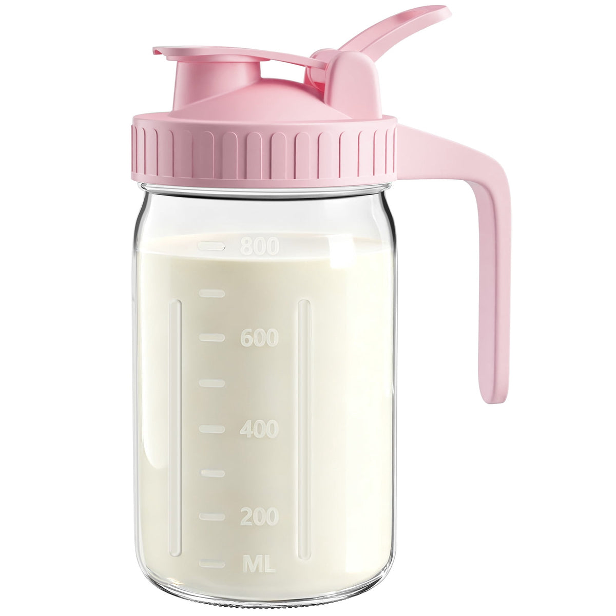 Breast Milk Pitcher 32oz Mason Jar with Wide Mouth and Handle-Pink Glass Pitcher with Flip Cap Lid and Pour Spout Airtight Seal for Cold Beverages