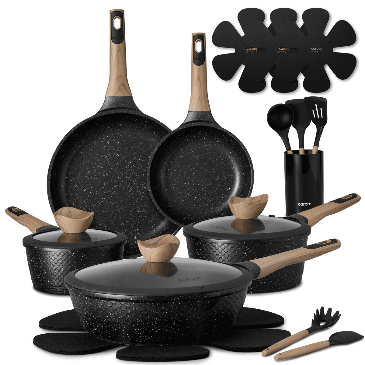 CAROTE 19-Piece Ceramic Pots and Pans Set, Nonstick Cookware Set with Lids, Induction Compatible, Oatmeal