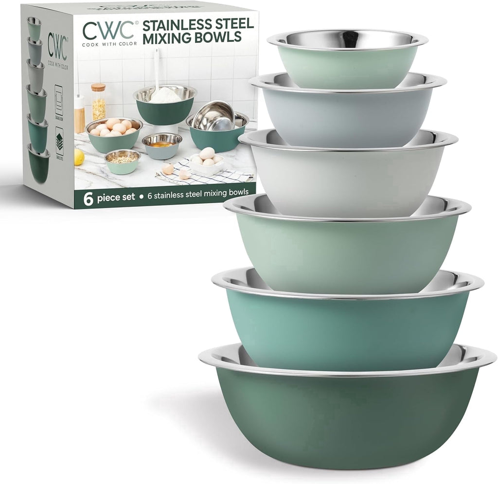 COOK WITH COLOR Mixing Bowls Set of 6, Stainless Steel Mixing Bowls, Metal Nesting Bowls for Kitchen, Sage Green