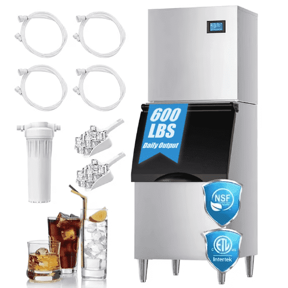 OUTBID Split Commercial Ice Maker Machine 600LBS/24H with 350lbs Ice Bin, Nugget Ice Makers Commercial, Clear Cube Pellet Ice Maker, Fast Ice Maker Ice-Ready in 8-15mins