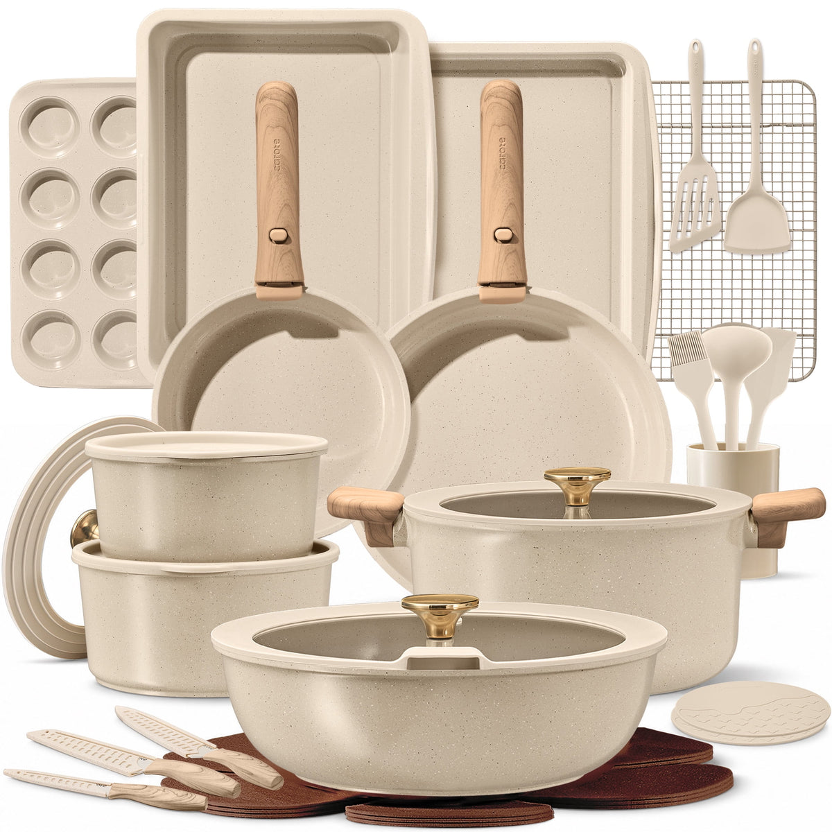CAROTE 19-Piece Ceramic Pots and Pans Set, Nonstick Cookware Set with Lids, Induction Compatible, Oatmeal