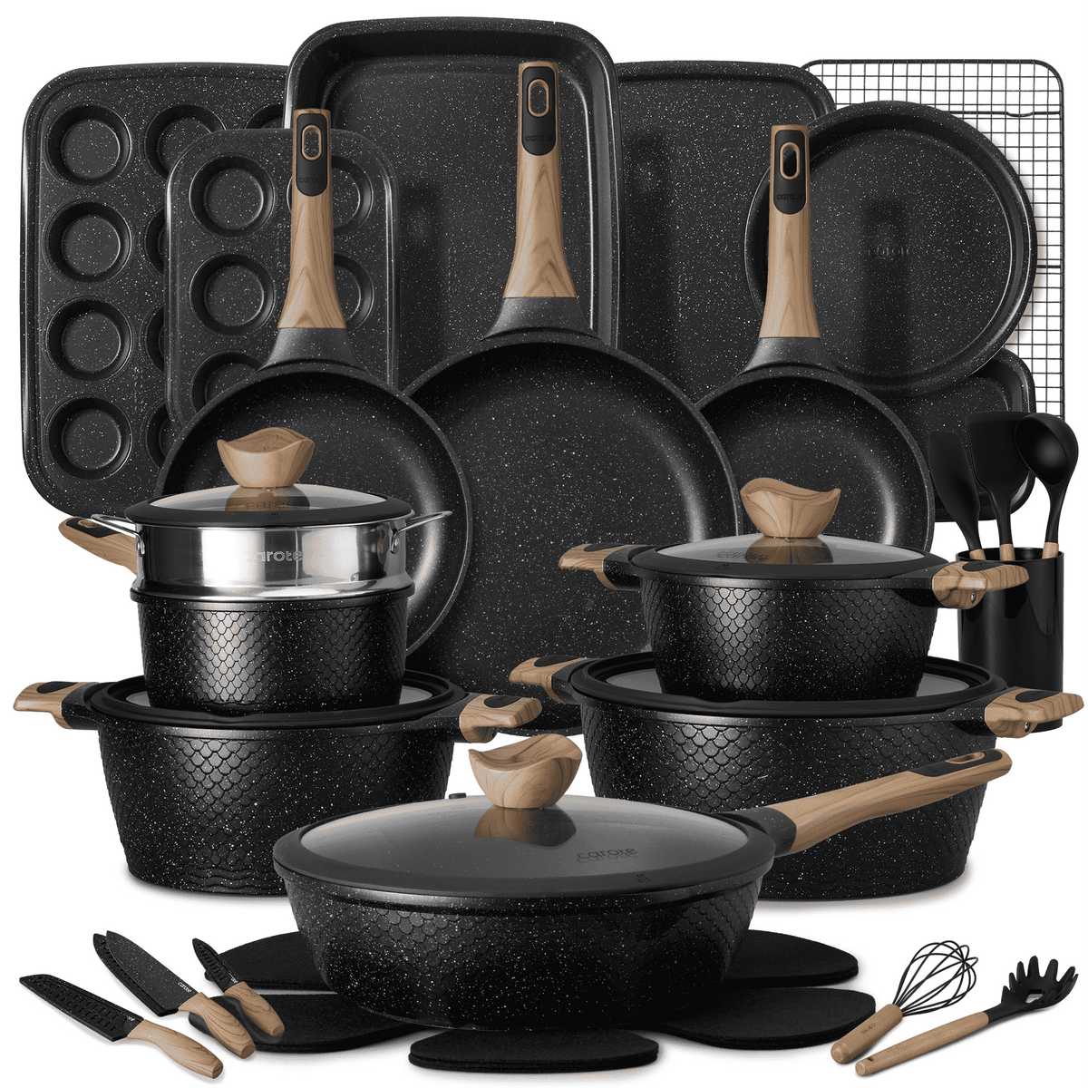 CAROTE 19-Piece Ceramic Pots and Pans Set, Nonstick Cookware Set with Lids, Induction Compatible, Oatmeal