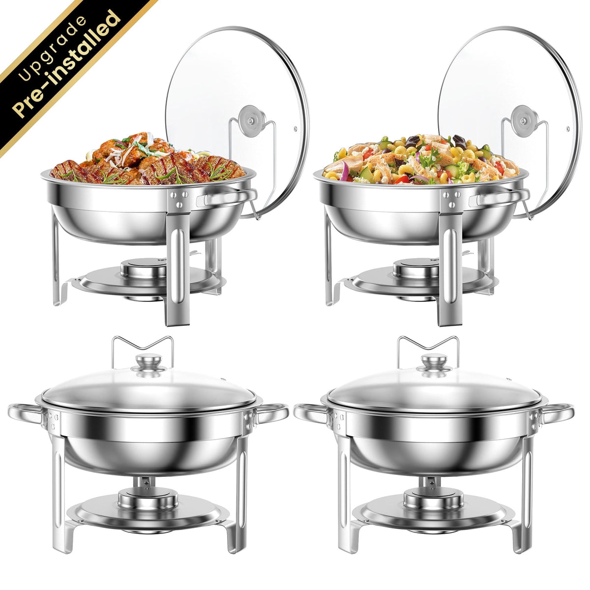Chafing Dish Buffet Set 4 Pack: TINANA 5QT Stainless Steel Chafing Dishes for Buffet with Glass Lid & Lid Holder, Round Chafers and Buffet Warmers Sets for Parties, Events, Wedding, Camping, Dinner